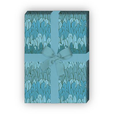 Trendiges Streifen Geschenkpapier mit Federn, blau - G10103, 32 x 48cm