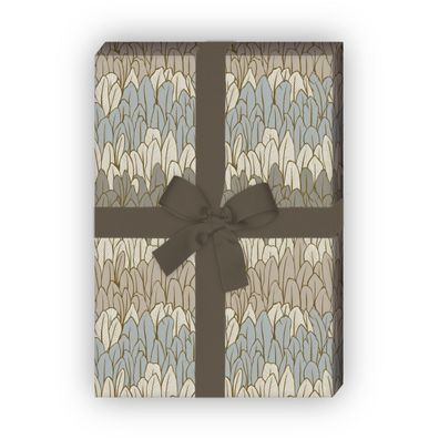 Trendiges Streifen Geschenkpapier mit Federn, grau beige - G10102, 32 x 48cm