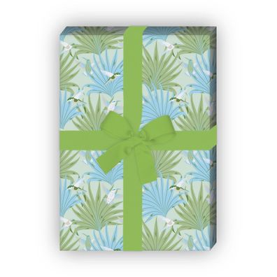 Tropisches Retro Geschenkpapier mit Palmwedeln & Kolibris, hellblau - G11586, 32 x 4