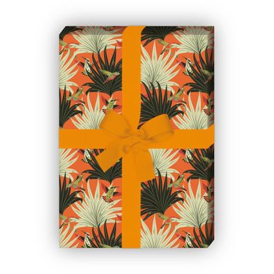 Tropisches Retro Geschenkpapier mit Palmwedeln & Kolibris, orange - G11584, 32 x 48c