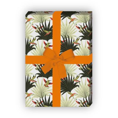 Tropisches Retro Geschenkpapier mit Palmwedeln & Kolibris, weiß - G11585, 32 x 48cm