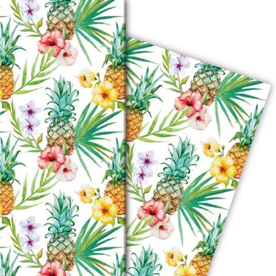 Tropisches Sommer Geschenkpapier mit Blumen, Annanas - G4832, 32 x 48cm