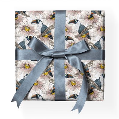 Tropisches Vogel Geschenkpapier handgemalt mit Blüten und Horn-Vögeln, rosa, grau - G