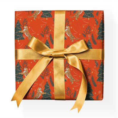 Tropisches Weihnachts Geschenkpapier mit Tiger am Weihnachtsbaum, rot - G22163, 32 x
