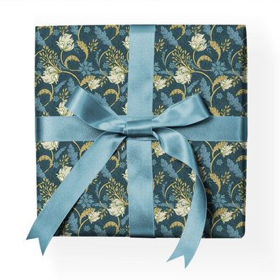 Üppiges Jugendstil Geschenkpapier mit Tulpen und Blatt Ranken, blau - G22183, 32 x 48