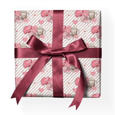 Valentinstag Liebes Geschenkpapier mit Herzen, Kaffee-Tassen, Streifen, rosa beige -