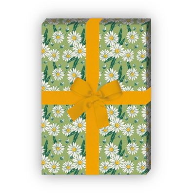 Vintage Blumen Geschenkpapier mit Margeriten Gänseblümchen, grün - G11579, 32 x 48cm