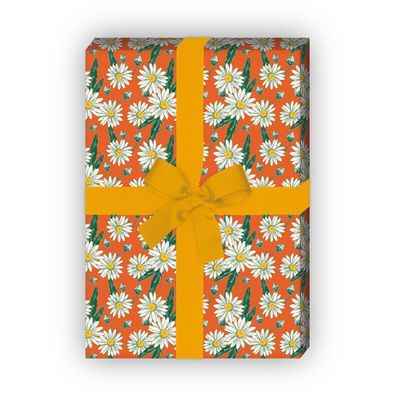 Vintage Blumen Geschenkpapier mit Margeriten Gänseblümchen, orange - G11577, 32 x 48c