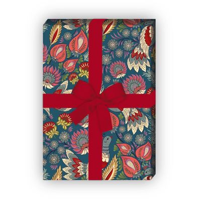Vintage Ethno Geschenkpapier mit Blüten und Vogel, blau - G10192, 32 x 48cm