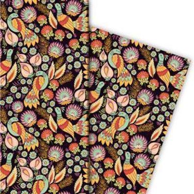 Vintage Ethno Geschenkpapier mit Blüten und Vogel, bunt - G10191, 32 x 48cm