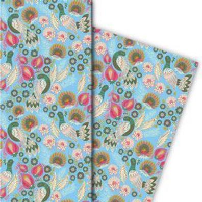 Vintage Ethno Geschenkpapier mit Blüten und Vogel, hellblau - G10193, 32 x 48cm