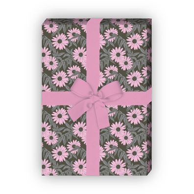 Vintage Margeriten Geschenkpapier mit Gänseblümchen Blumenranken, grau rosa - G11582,