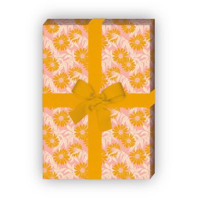 Vintage Margeriten Geschenkpapier mit Gänseblümchen Blumenranken, orange rosa - G1158
