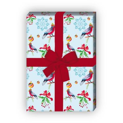Vogel Weihnachts Geschenkpapier für liebevolle Geschenke mit Kugeln, blau - G8120, 32