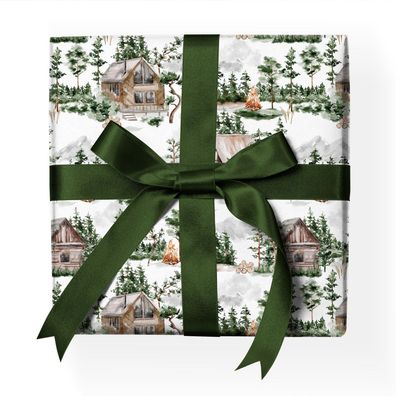 Wald Winter Geschenkpapier mit gemalter Hütten Szene und Bäumen, grün weiß - G22121,