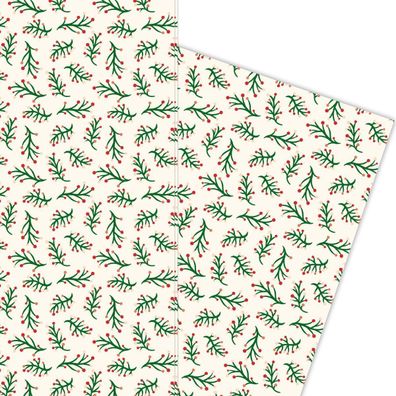 Weihnachtliches Geschenkpapier mit Weihnachts Pflanzen und Beeren auf beige - G5950,