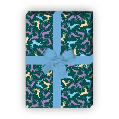 Weihnachts Geschenkpapier mit buntem Hirsch Mosaik, grün - G8230, 32 x 48cm