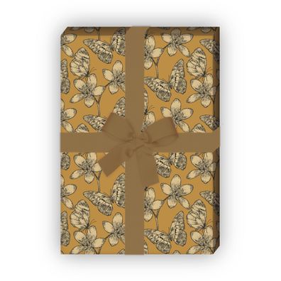 Wunderhübsches Schmetterlings Geschenkpapier, Dekorpapier mit Blüten, beige - G8616,