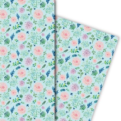 Wunderschönes Blüten Geschenkpapier mit einem Hauch von Sommer, blau grün - G5117, 32