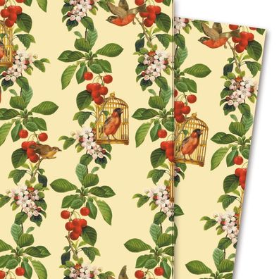Wunderschönes Geschenkpapier Apfelkirsche mit Vögeln und Blüten, gelb - G4238, 32 x 4