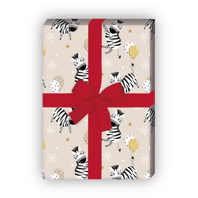 Zarte Kinder Geschenkpapier, beige mit Zebras und Ballons - G12344, 32 x 48cm