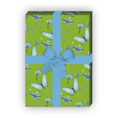 Zartes gemaltes Geschenkpapier mit Schmetterlingen und Blüten, grün - G8099, 32 x 48c