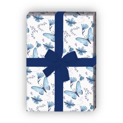 Zartes gemaltes Geschenkpapier mit Schmetterlingen und Blüten, weiß - G8097, 32 x 48c