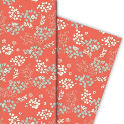 Zartes Geschenkpapier mit feinen Blüten in korallen rot - G6273, 32 x 48cm
