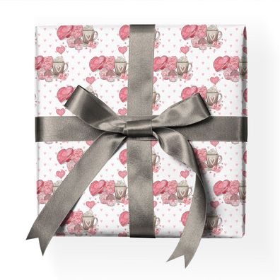 Zartes Valentinstag Liebes Geschenkpapier mit Herzen und Kaffee-Tassen, rosa - G22116