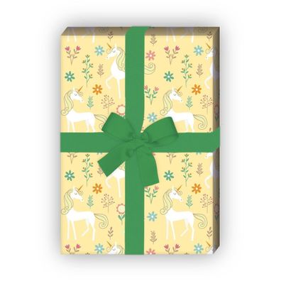 zauberhaftes Kinder Geschenkpapier mit Einhorn, gelb - G8112, 32 x 48cm