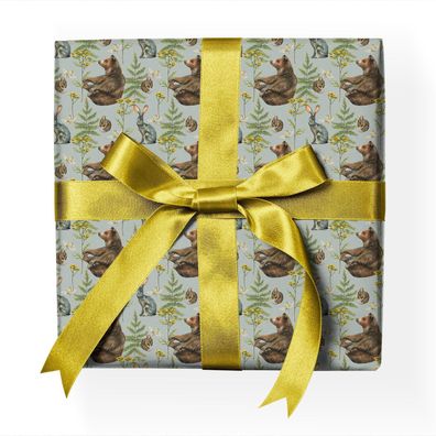 Zauberhaftes Wald Natur Geschenkpapier mit Bär Maus Hase Farn, grün - G23075, 32 x 48