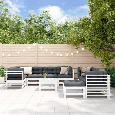 10-tlg. Garten-Lounge-Set mit Kissen Weiß Massivholz