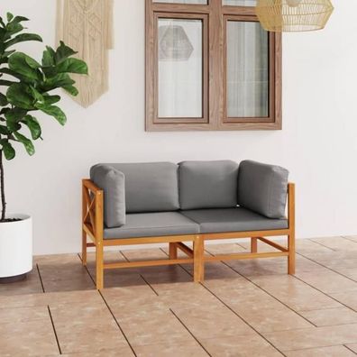 2-Sitzer-Gartensofa mit Grauen Kissen Massivholz Teak