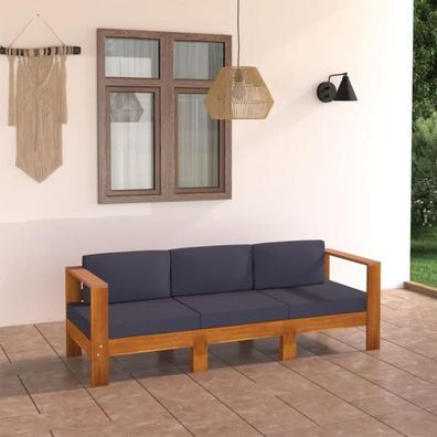 3-Sitzer-Gartensofa mit Dunkelgrauen Auflagen Massivholz Akazie