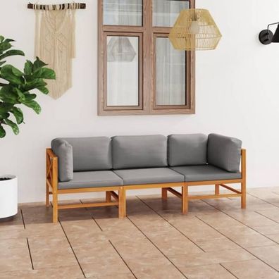 3-Sitzer-Gartensofa mit Grauen Kissen Massivholz Teak