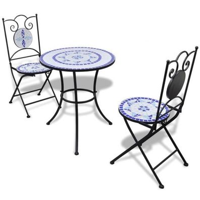 3-tlg. Bistro-Set Keramikfliesen Blau und Weiß