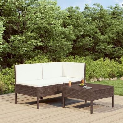 3-tlg. Garten-Lounge-Set mit Auflagen Poly Rattan Braun