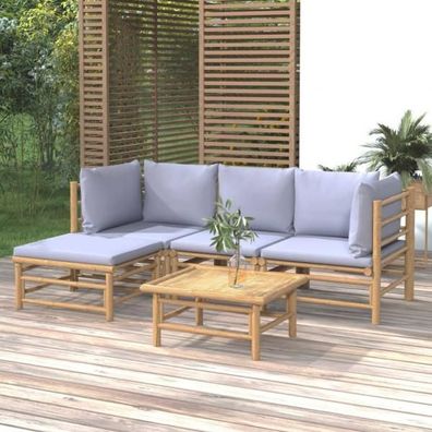 5-tlg. Garten-Lounge-Set mit Hellgrauen Kissen Bambus