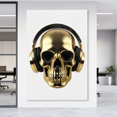 Wandbild Goldener Totenkopf Kopfhörer Musik Leinwand , Acrylglas + Aluminium , Poster