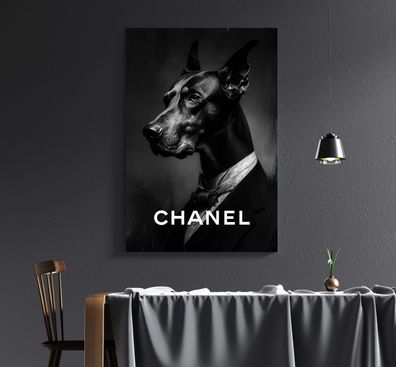 Wandbild Mode Chanel Dobermann Hund Luxus Leinwand , Acrylglas + Aluminium , Poster