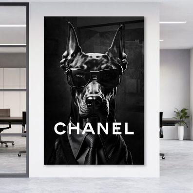Wandbild Chanel Dobermann Hund Luxus Mode Leinwand , Acrylglas + Aluminium , Poster