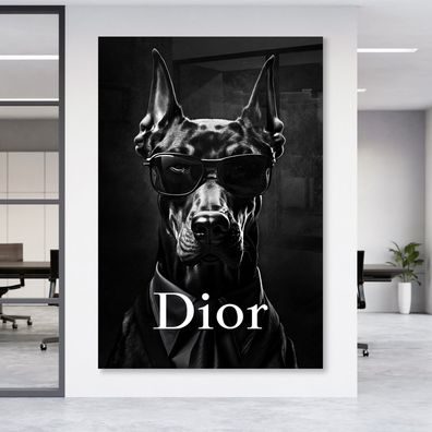 Wandbild Dior Dobermann Hund Luxus Mode Leinwand , Acrylglas + Aluminium , Poster
