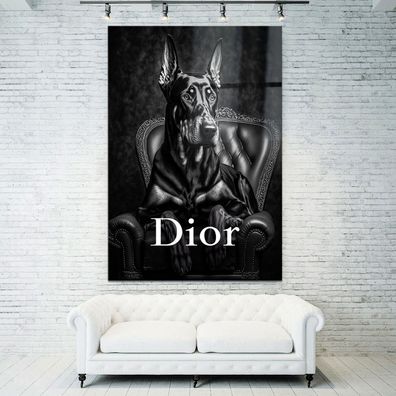 Wandbild Hund Dior Dobermann Luxus Mode Leinwand , Acrylglas + Aluminium , Poster