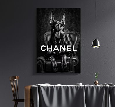 Wandbild Chanel Dobermann Luxus Mode Leinwand , Acrylglas + Aluminium , Poster