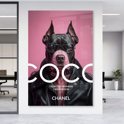 Wandbild Coco Chanel Mode Rosa bulldogge Leinwand , Acrylglas + Aluminium , Poster
