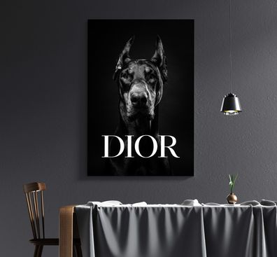Wandbild Dior Dobermann Luxus Mode Leinwand , Acrylglas + Aluminium , Poster Hund