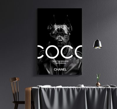 Wandbild Coco Chanel Mode Bulldogge Leinwand , Acrylglas + Aluminium , Poster