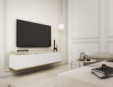 FURNIX TV-Schrank LIWIA 135 Fernsehschrank mit Zierleisten Türen Weiß-Gold