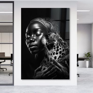 Wandbild Afrikanerin und der Leopard Leinwand , Poster , Acrylglas + Aluminium Luxus