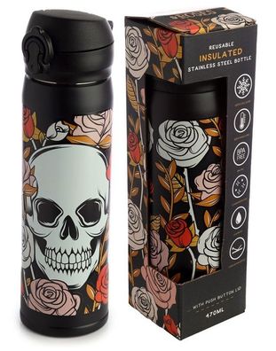 Skulls & Roses Thermo Trinkflasche mit Druckknopf, Wasserflasche 450ml